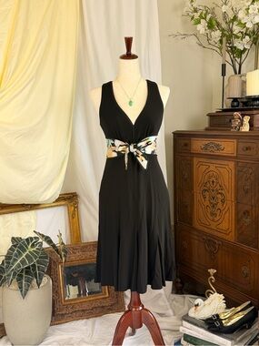 Vintage Kay Unger Black V-Neck Midi Dress Size 4 Summer Y2K Chic Retro Glam